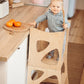 Wooden Kitchen Tower with Chalkboard and two chairs