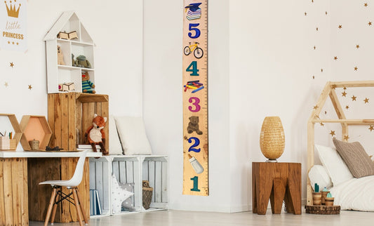 Children's room with wooden growth chart on the wall