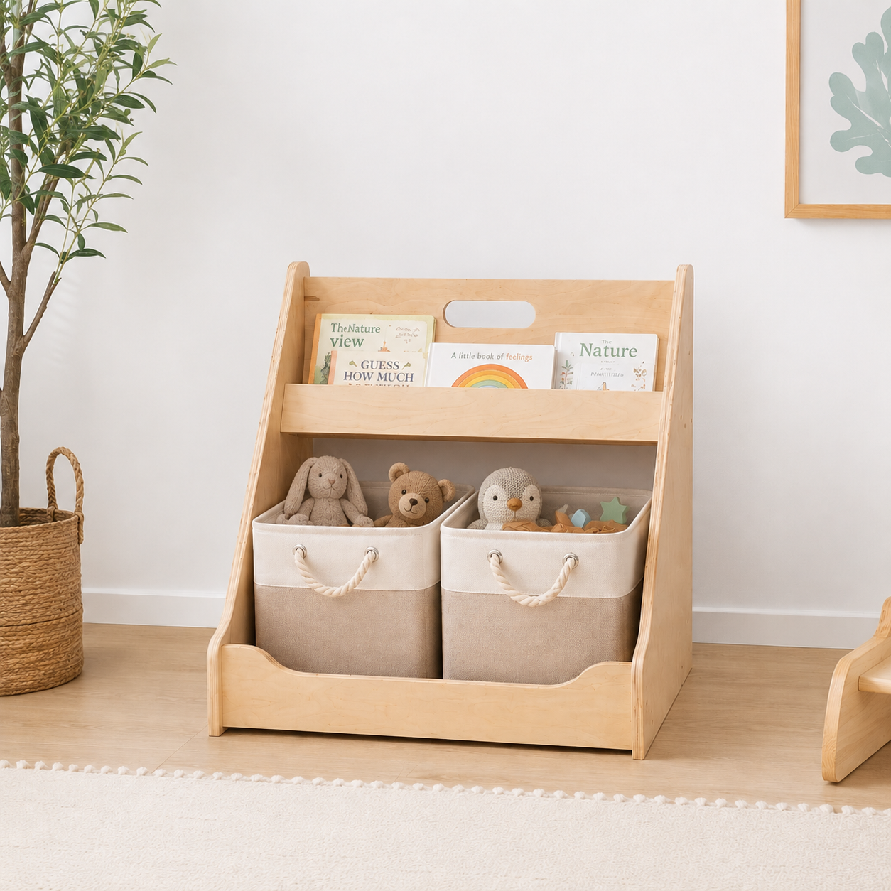 Montessori Toy & Book Storage Shelf with Fabric Baskets for Kids Rooms