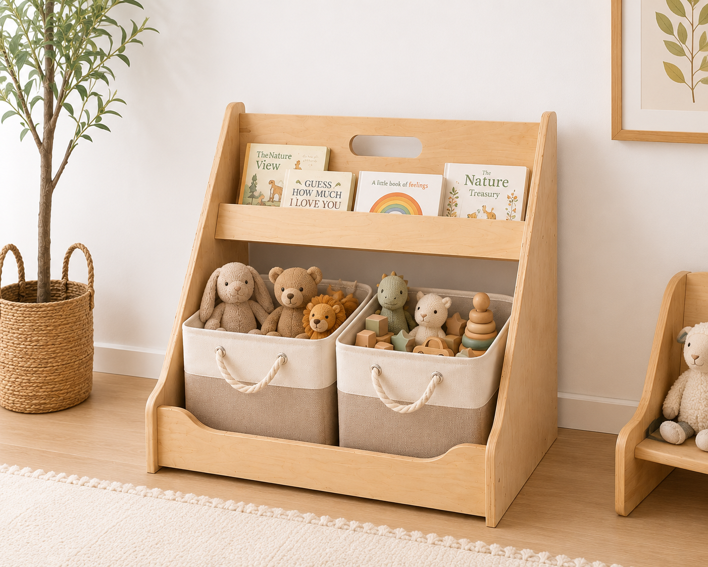 Montessori Toy & Book Storage Shelf with Fabric Baskets for Kids Rooms