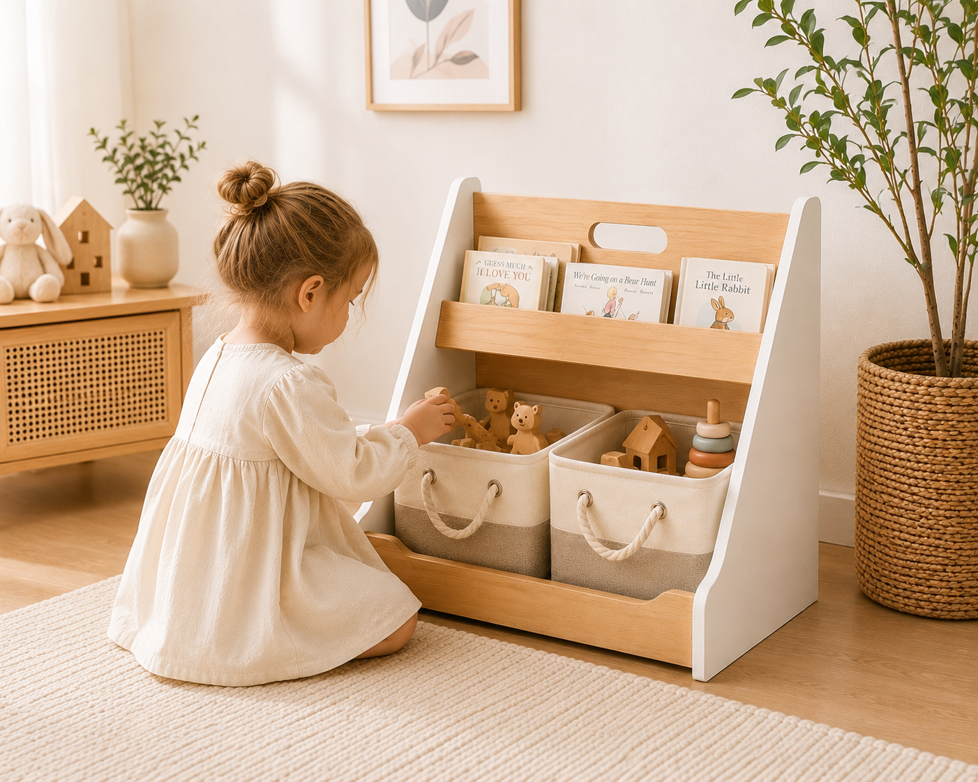Montessori Toy & Book Storage Shelf with Fabric Baskets for Kids Rooms