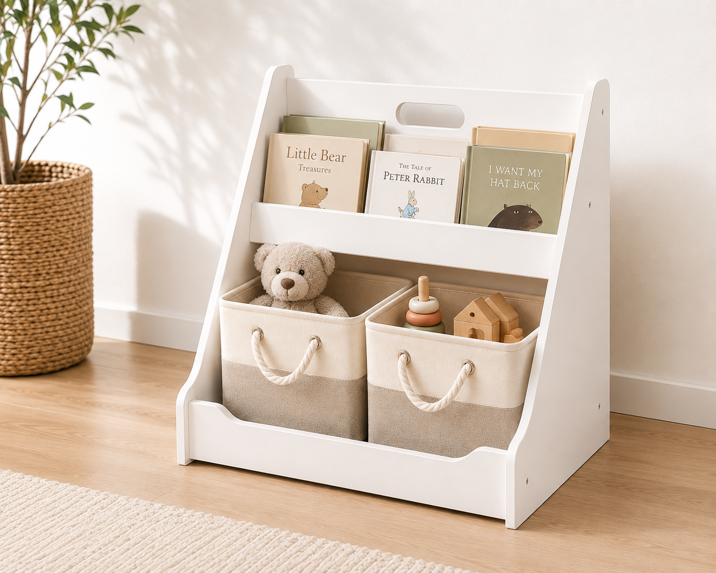 Montessori Toy & Book Storage Shelf with Fabric Baskets for Kids Rooms