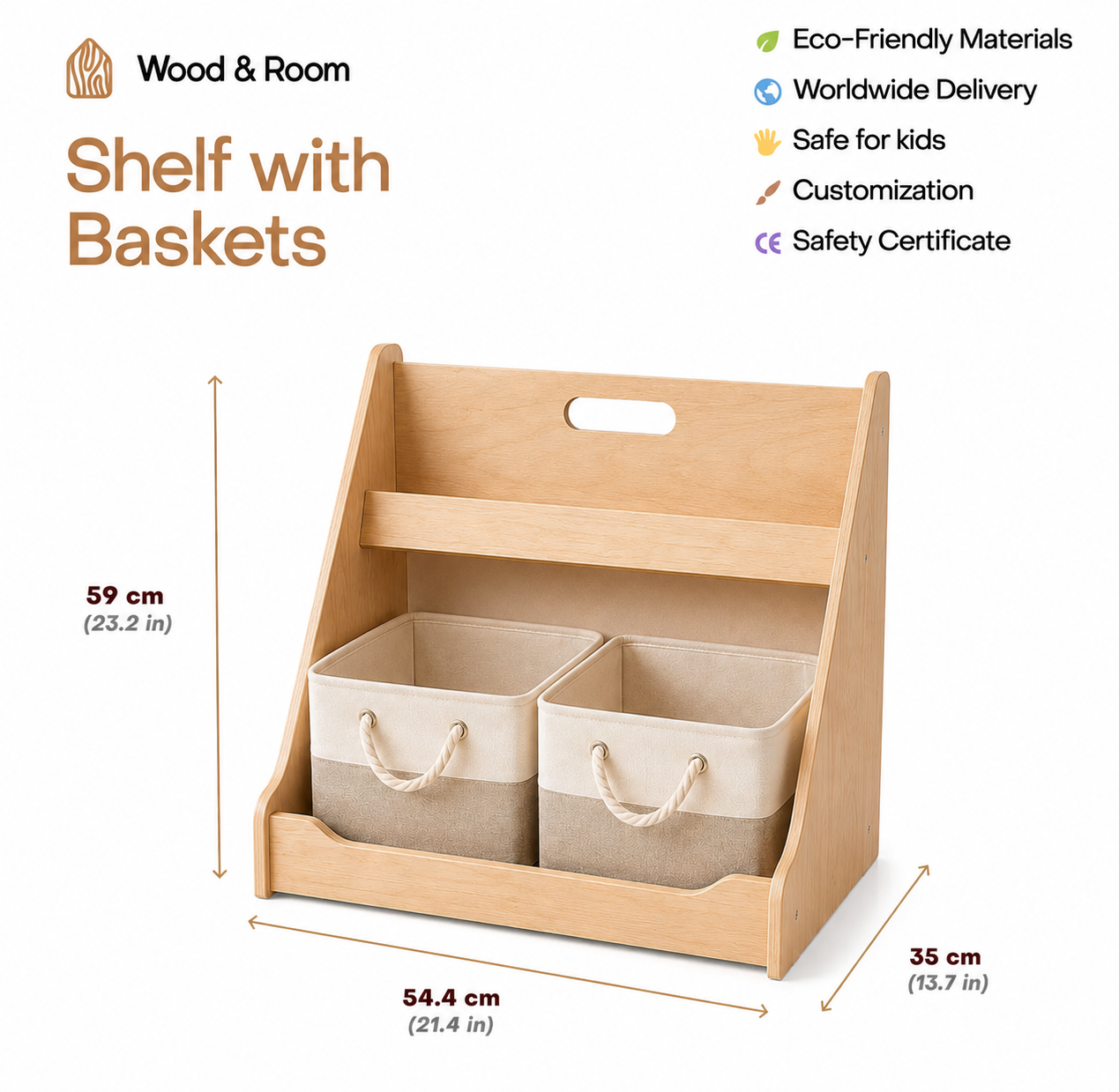 Montessori Toy & Book Storage Shelf with Fabric Baskets for Kids Rooms