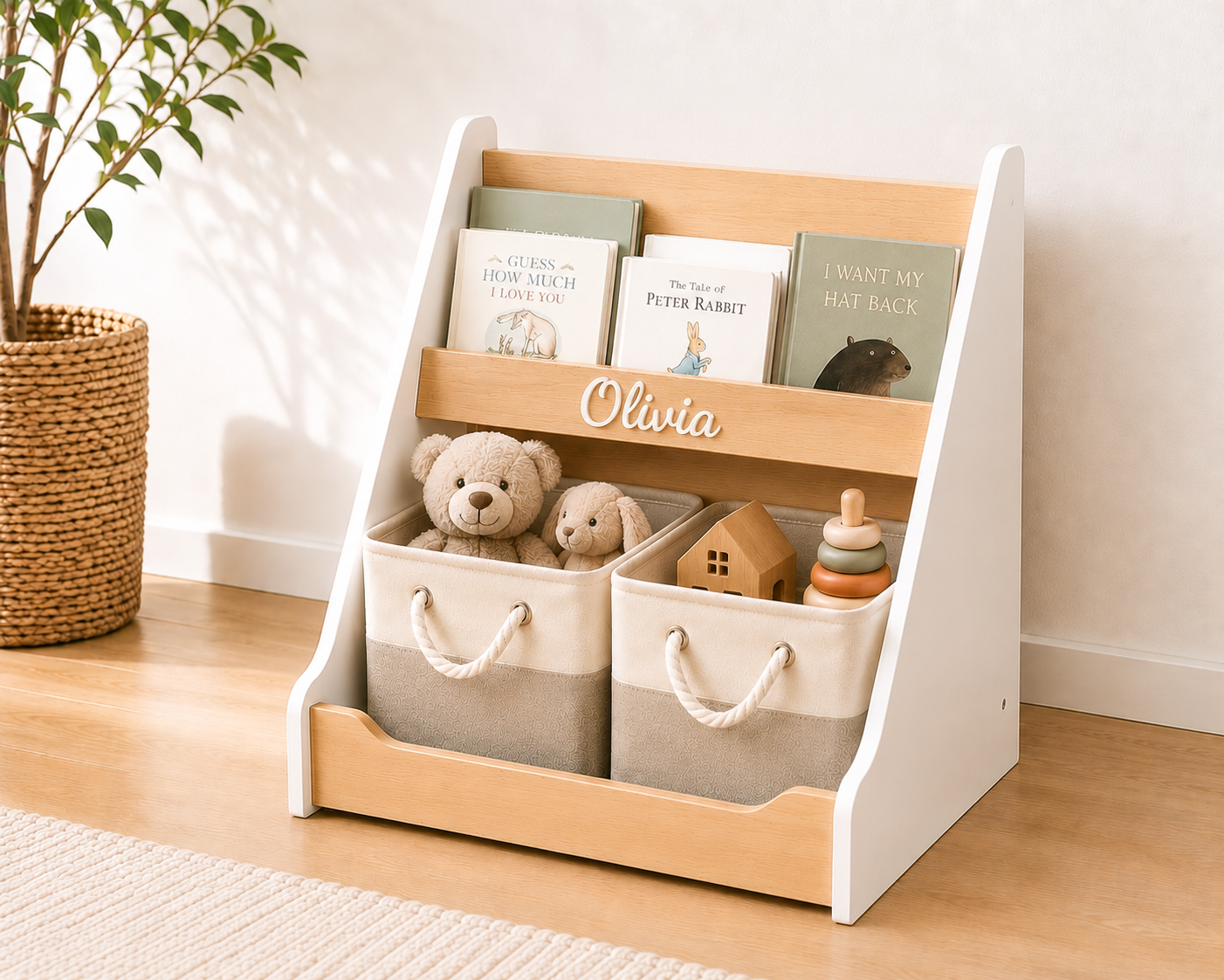 Montessori Toy & Book Storage Shelf with Fabric Baskets for Kids Rooms