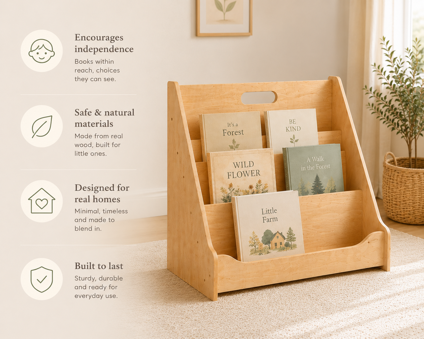 Front Facing Kids Bookshelf for Montessori Nursery and Preschool Reading Spaces
