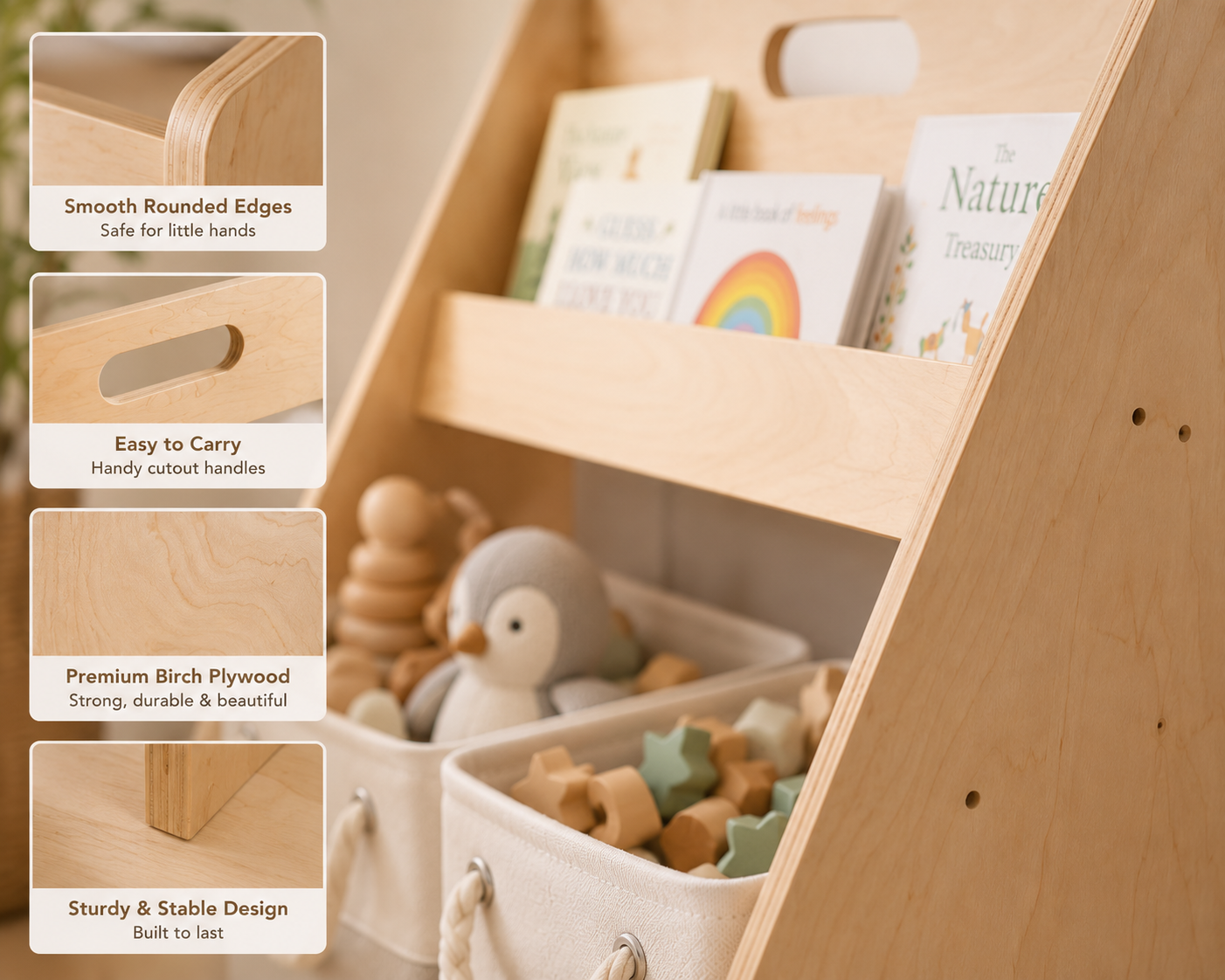Montessori Toy & Book Storage Shelf with Fabric Baskets for Kids Rooms