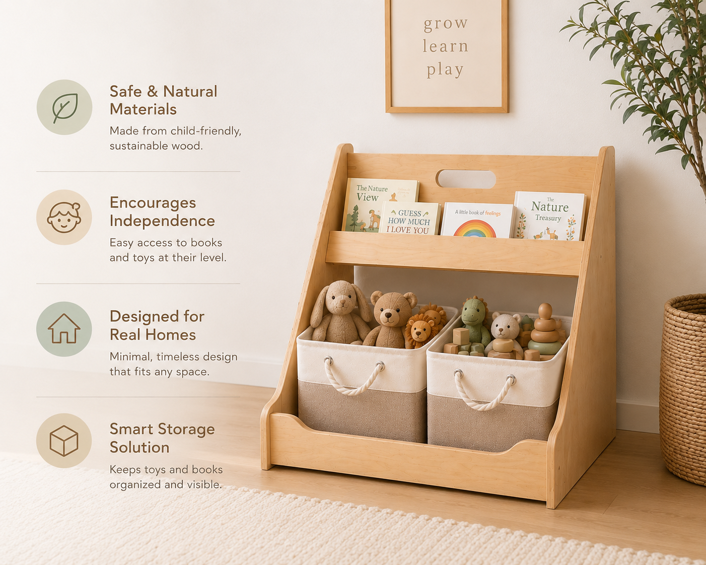 Montessori Toy & Book Storage Shelf with Fabric Baskets for Kids Rooms