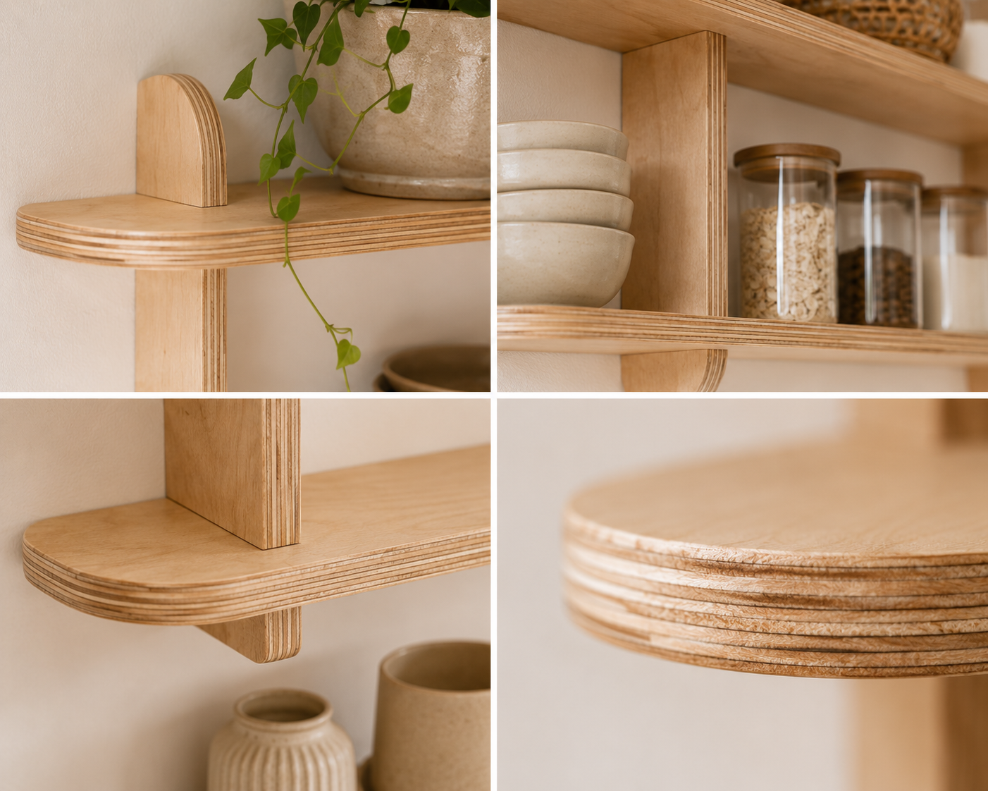 Modern wooden wall shelf with rounded edges and natural birch plywood finish