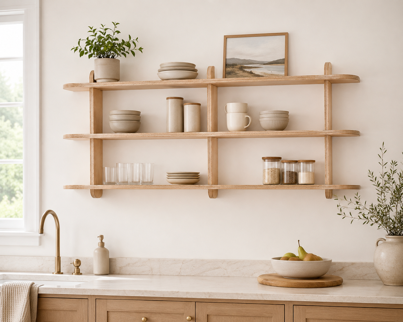 Minimalist birch plywood wall-mounted shelf for modern kitchen bar room storage