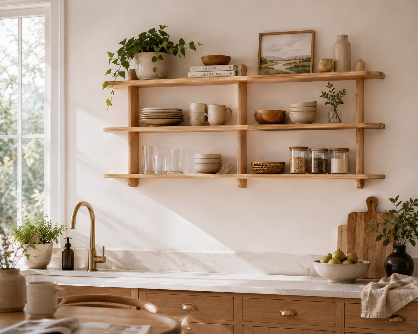 Large 46-inch wooden wall shelf with Scandinavian minimalist design