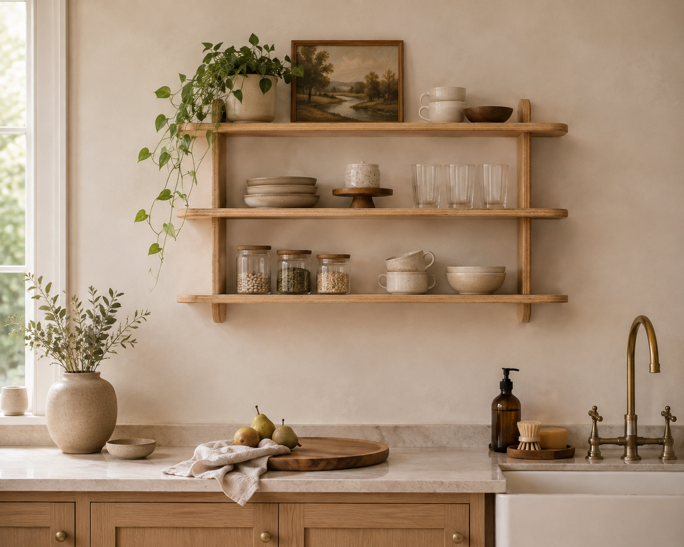 Modern kitchen wall shelf made from natural birch plywood with open storage