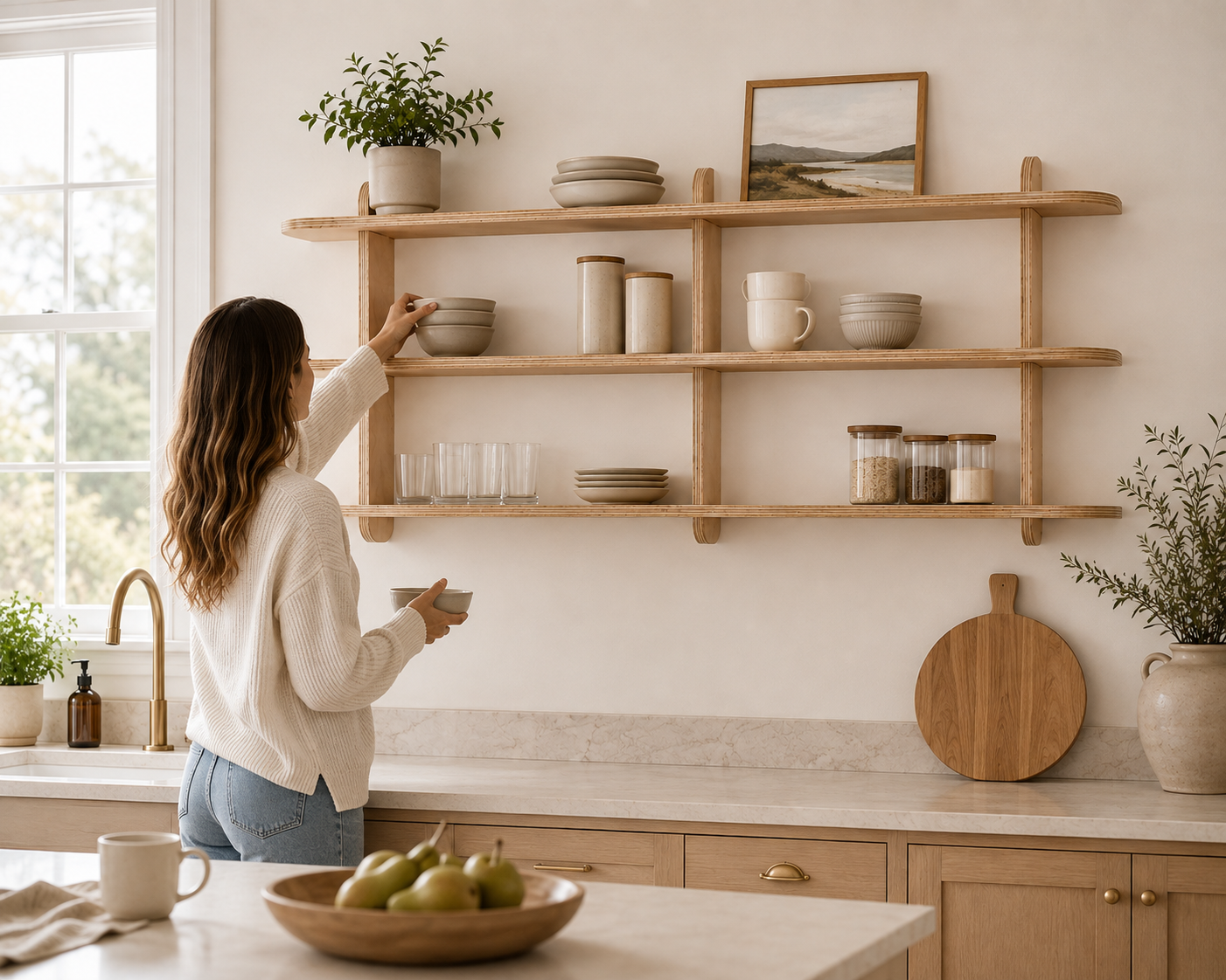 Scandinavian 3-tier wooden wall shelf for books, plants and home decor