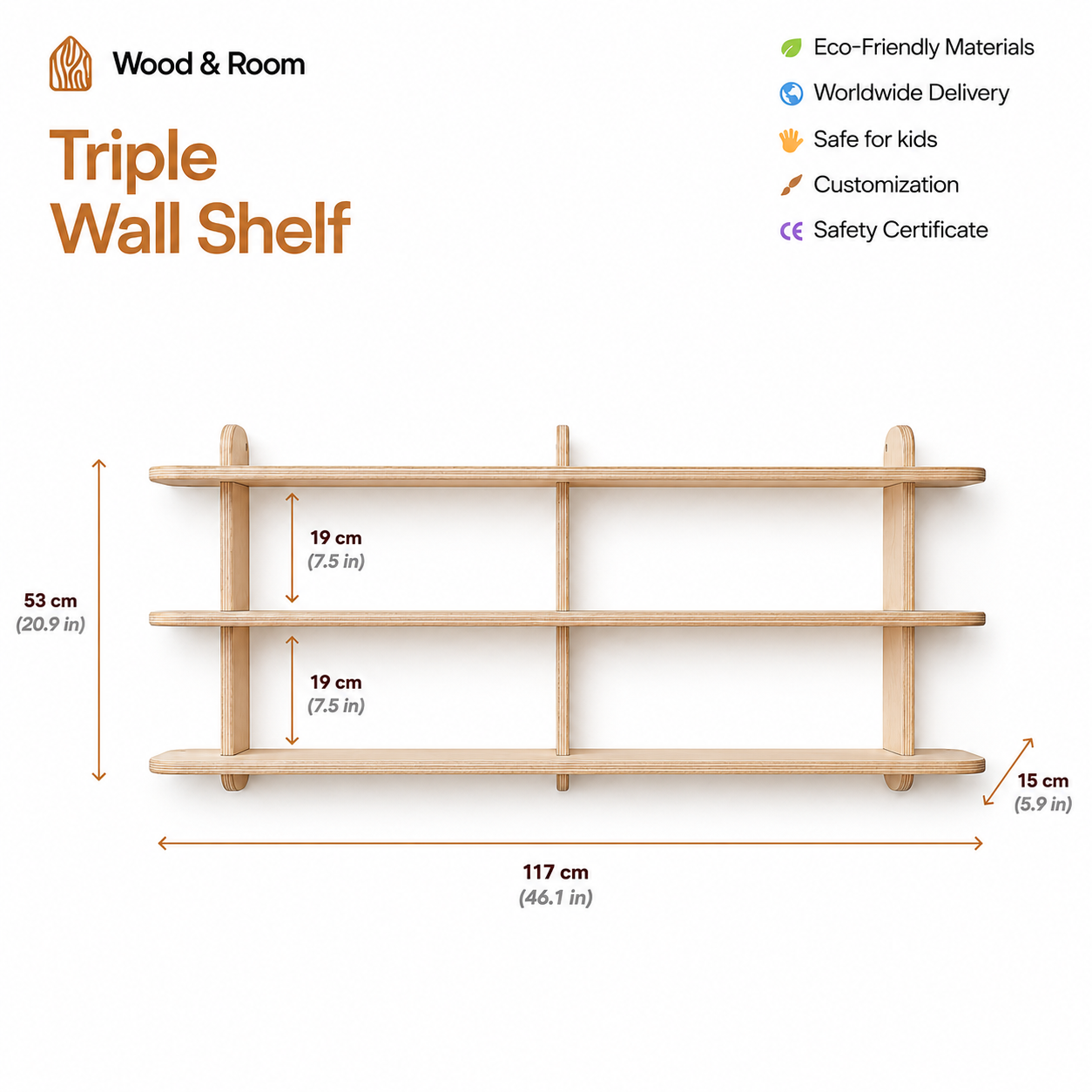 Large wooden wall shelf dimensions, 46.1 inches wide and 20.9 inches high