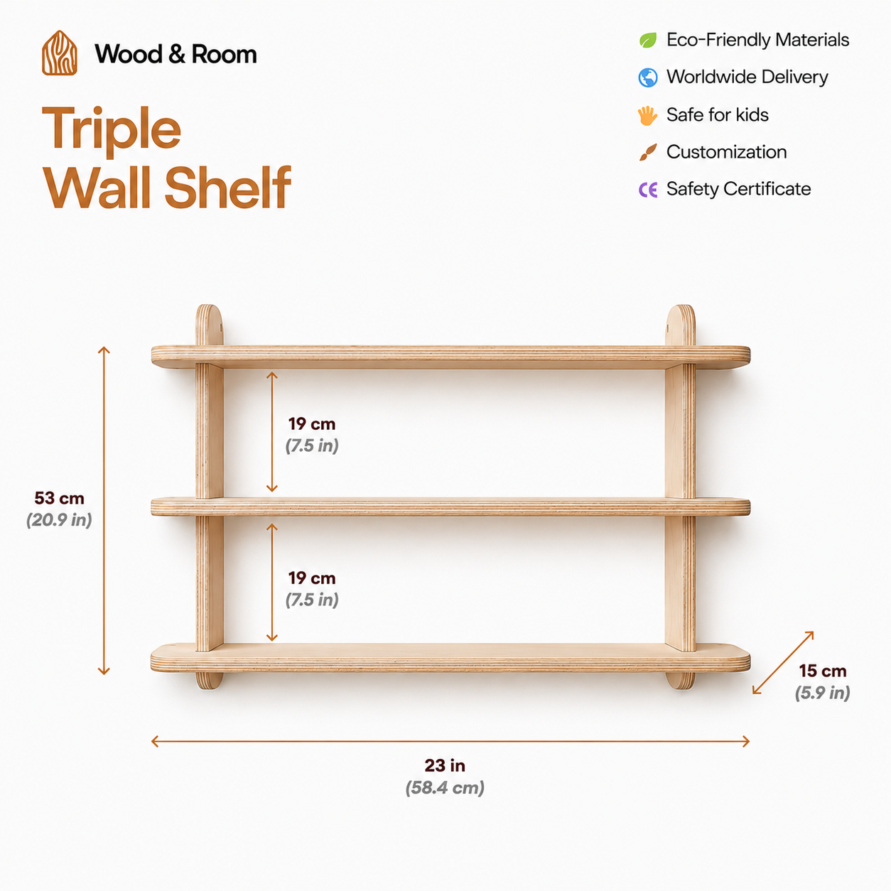 Small wooden wall shelf dimensions, 23 inches wide and 20.9 inches high