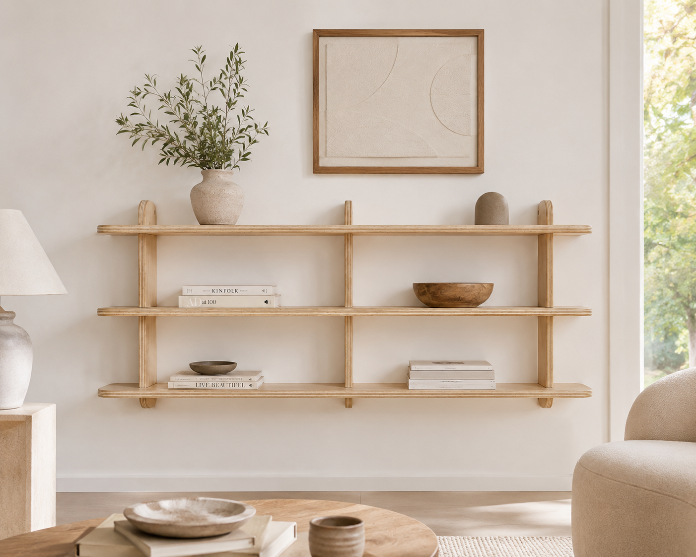 Large 46-inch wooden wall shelf with Scandinavian minimalist design