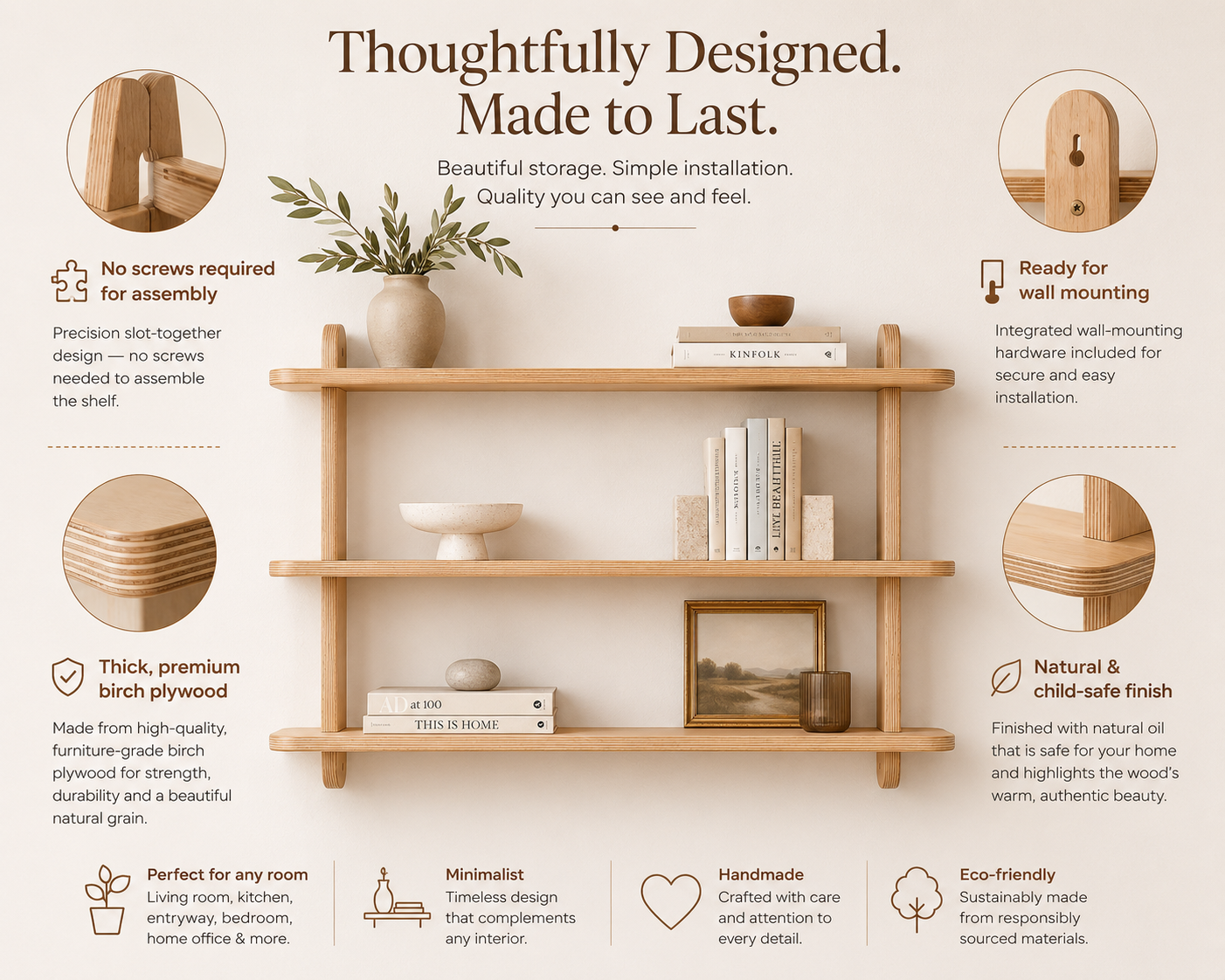 Wall-mounted wooden storage shelf with three open tiers for books and decor