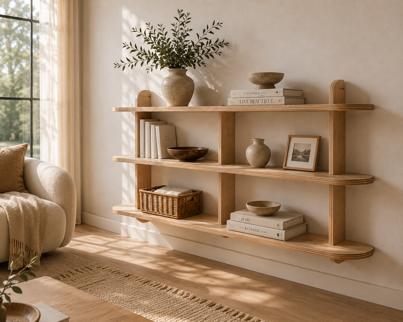Wooden wall shelf made from birch plywood styled in a modern Scandinavian living room
