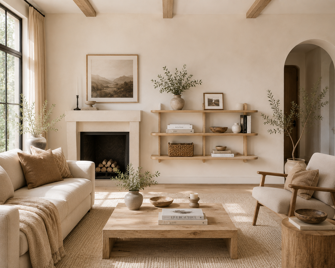 Wall-mounted wooden storage shelf with three open tiers for books and decor