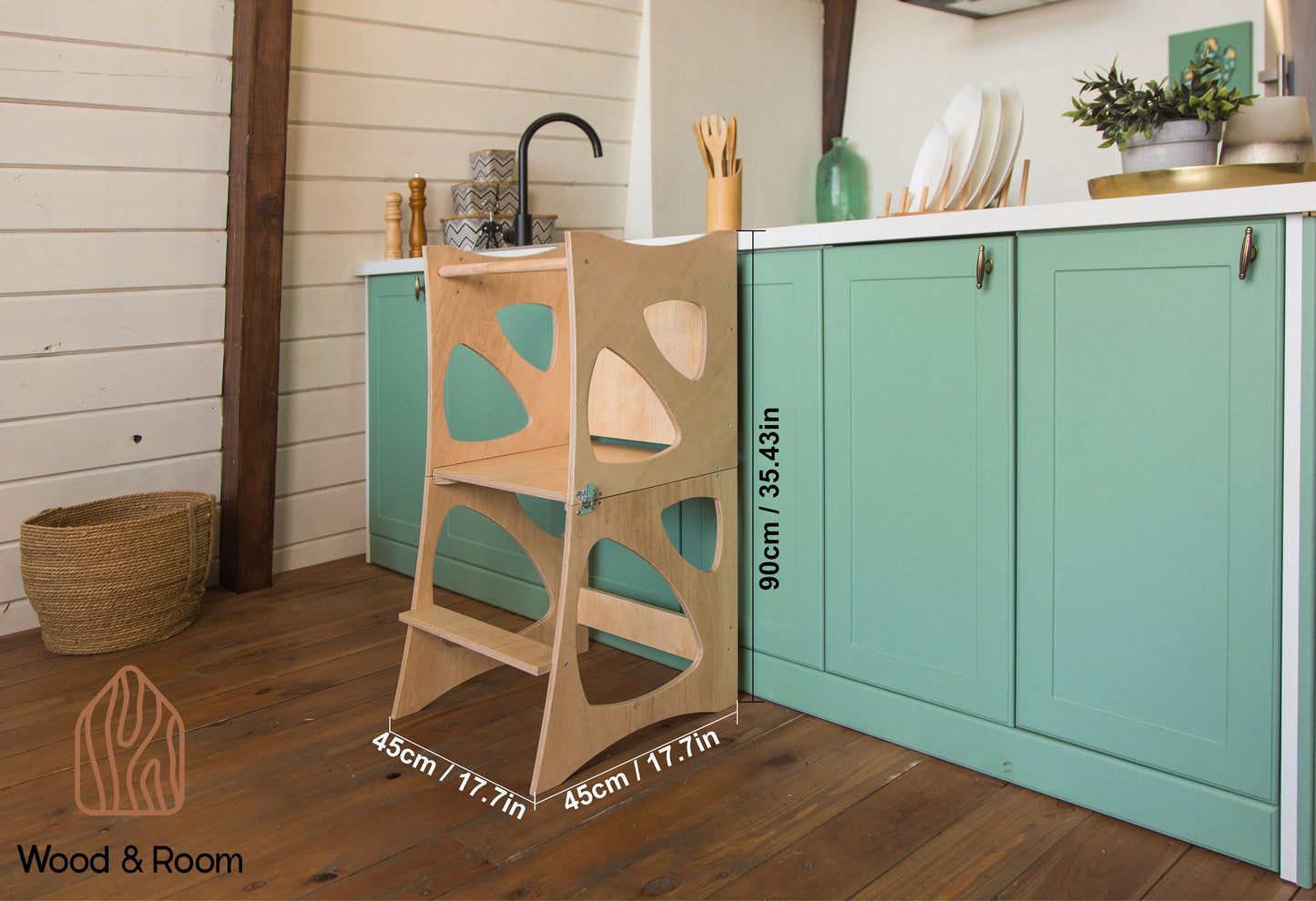 Wooden Kitchen Tower with Chalkboard and two chairs