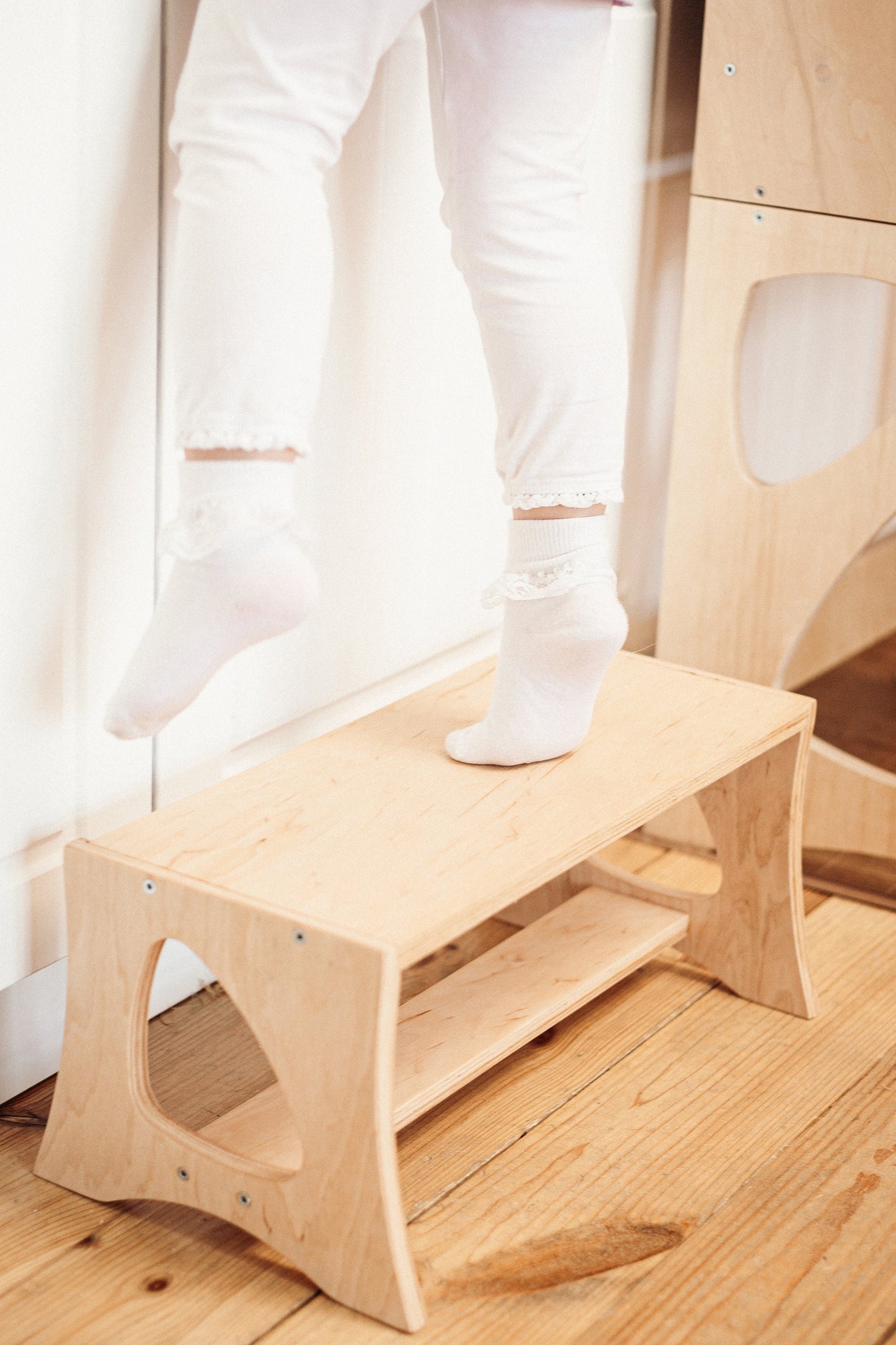 Wooden Kitchen Tower with Chalkboard and two chairs