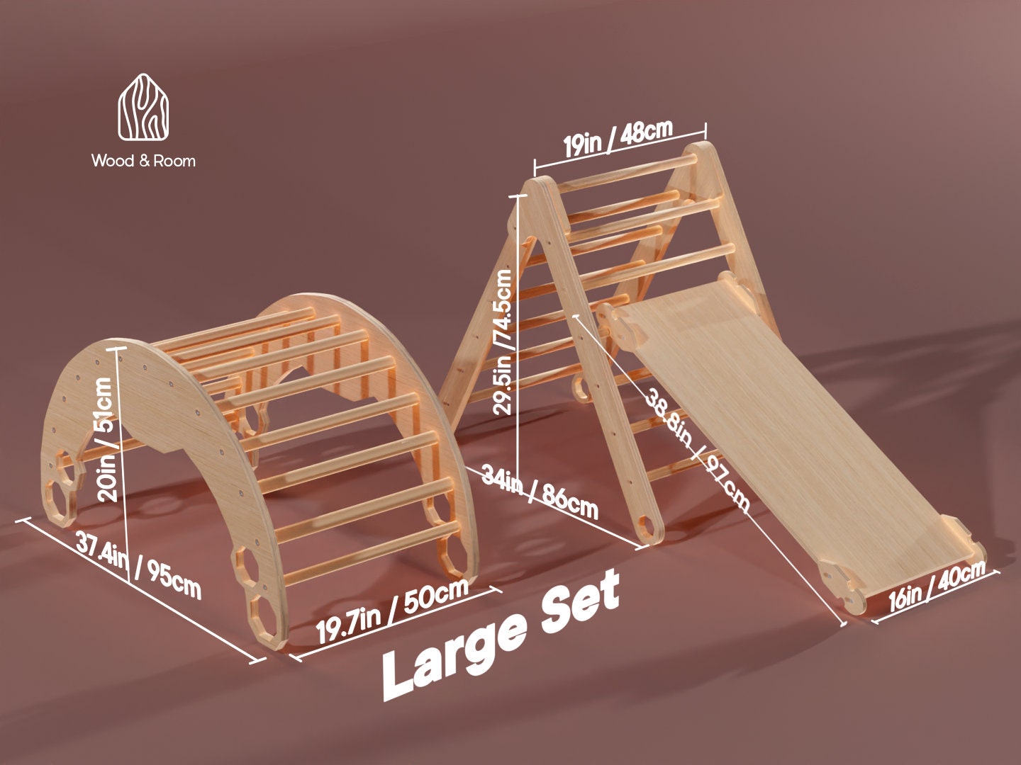 Climbing Set in Dark Wood: Arch, Pikler Triangle & Ramp with slide