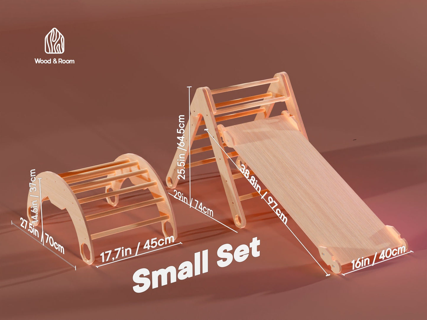 Climbing Set in Dark Wood: Arch, Pikler Triangle & Ramp with slide