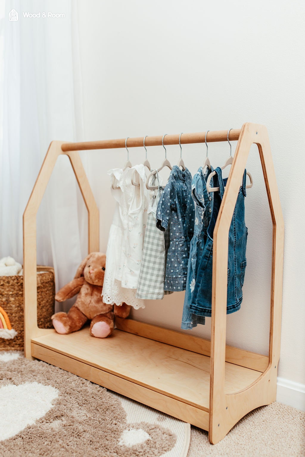 Montessori Wardrobe, Kids Clothing Rack, Wood Clothing Frame Rack Dress Up,  Display Kids Wardrobe, Baby Clothes Storage Child Size Furniture 